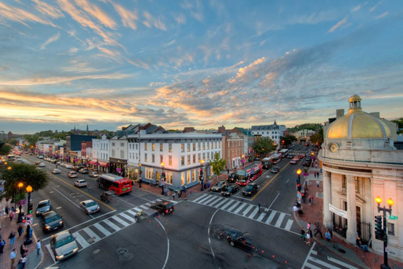 Evening over M Street and Wisconsin Avenue in Georgetown, a short walk west of the Foggy Bottom home