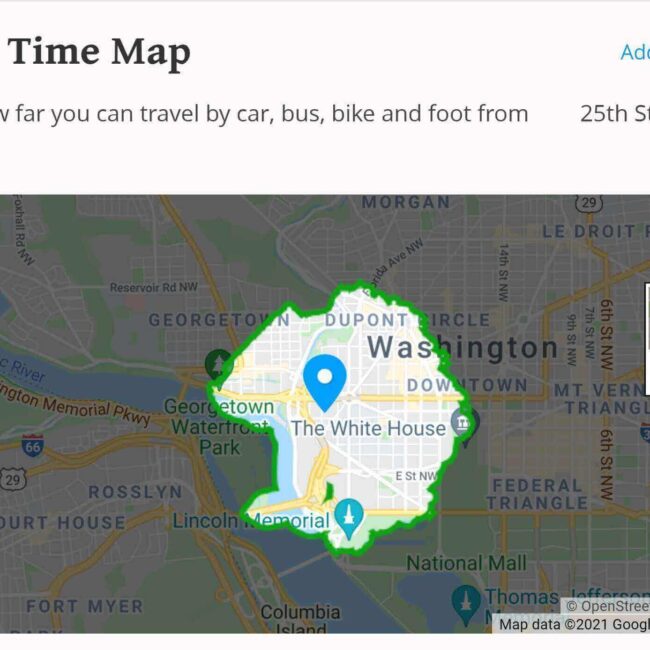 Walking travel map covering up to 20 minutes.