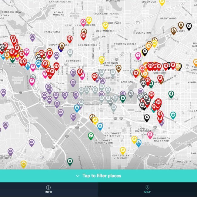 Digital guidebook with interactive map of local attractions, home marked in blue.